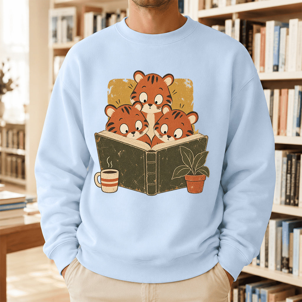 Minimal Japanese Tigers Reading Crewneck Sweatshirt | Reader Gift Light Blue