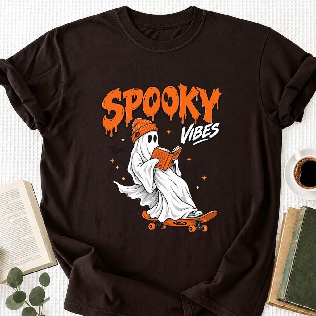 Spooky Vibes Printed T-Shirt | Halloween Book Lover Gift Dark Chocolate