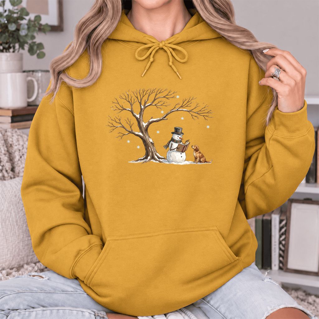 Golden Retriever And Snowman Under Tree Softstyle Hoodie | Christmas Reader Gift Mustard