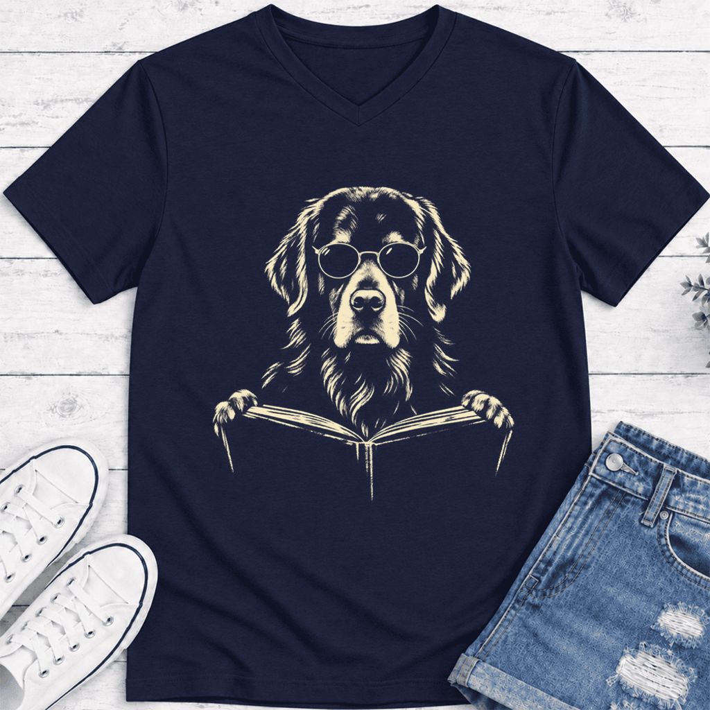 Golden Retriever Reading Book Ultra-Soft V-Neck | Dog Mom Reader Gift Navy