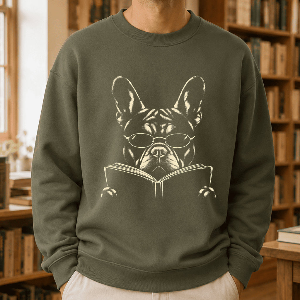 French Bulldog Reading Book Crewneck Sweatshirt | Reader Gift Military Green