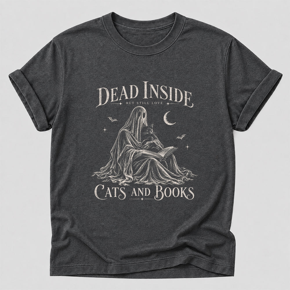 Dead Inside But Still Love Cats And Books Printed T-Shirt | Halloween Gift Dark Heather