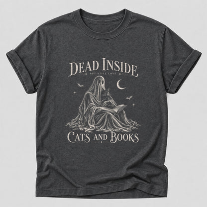 Dead Inside But Still Love Cats And Books Printed T-Shirt | Halloween Gift Dark Heather