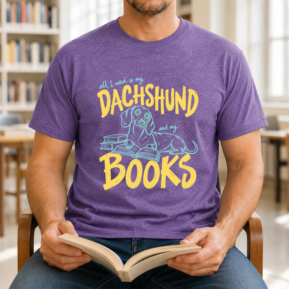 All I Need Is My Dachshund And My Books Softstyle T-Shirt | Book Lover Gift Heather Purple