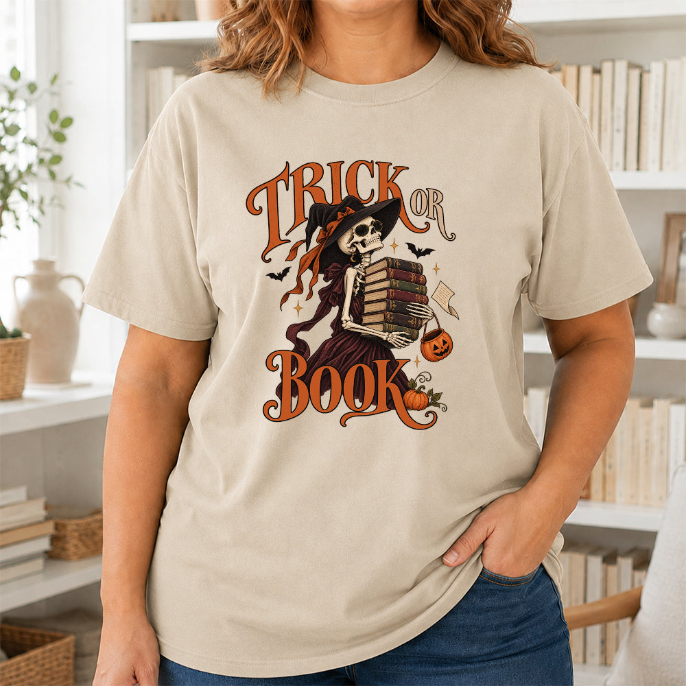 Trick Or Book Lady Printed T-Shirt | Halloween Book Lover Gift Sand