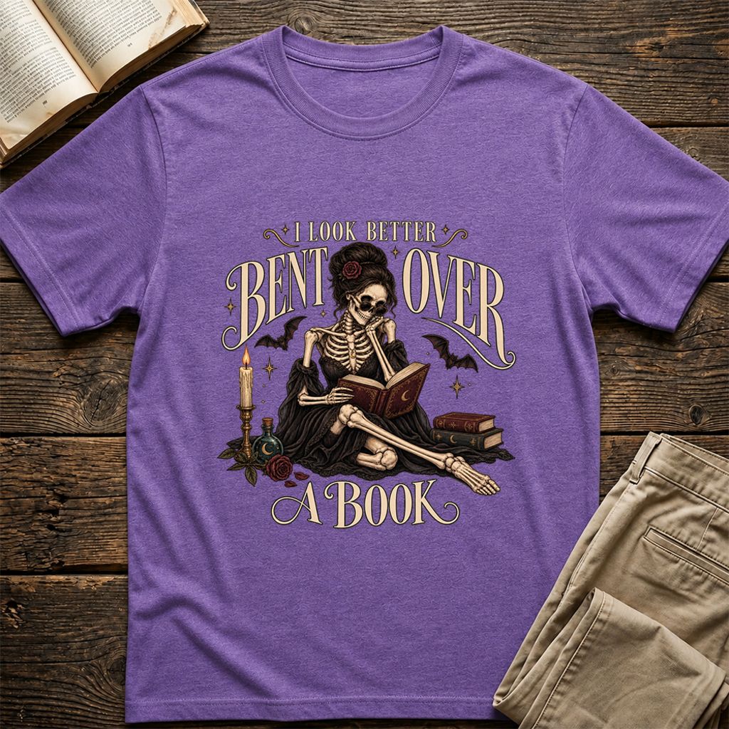 I Look Better Bent Over A Book Printed T-Shirt | Halloween Smut Book Lover Gift Heather Purple