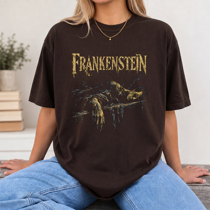 Frankenstein Printed T-Shirt | Halloween Book Lover Gift Dark Chocolate