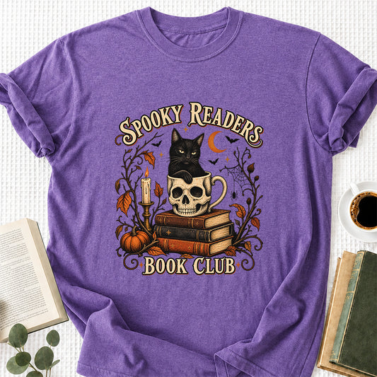 Spooky Reader Book Club Cotton T-Shirt | Halloween Book Lover Gift Heather Purple