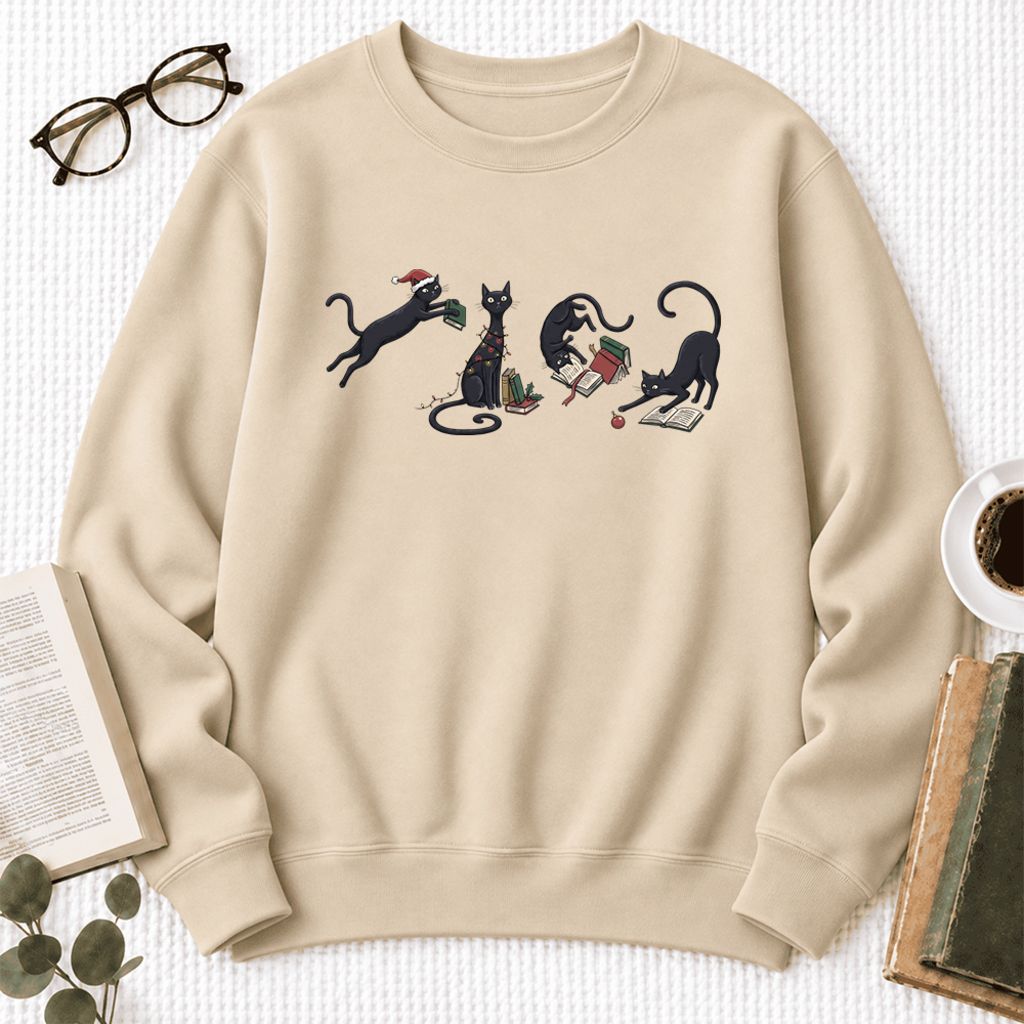 Christmas Reading Cats Softstyle Sweatshirt | Christmas Book Lover Gift Sand
