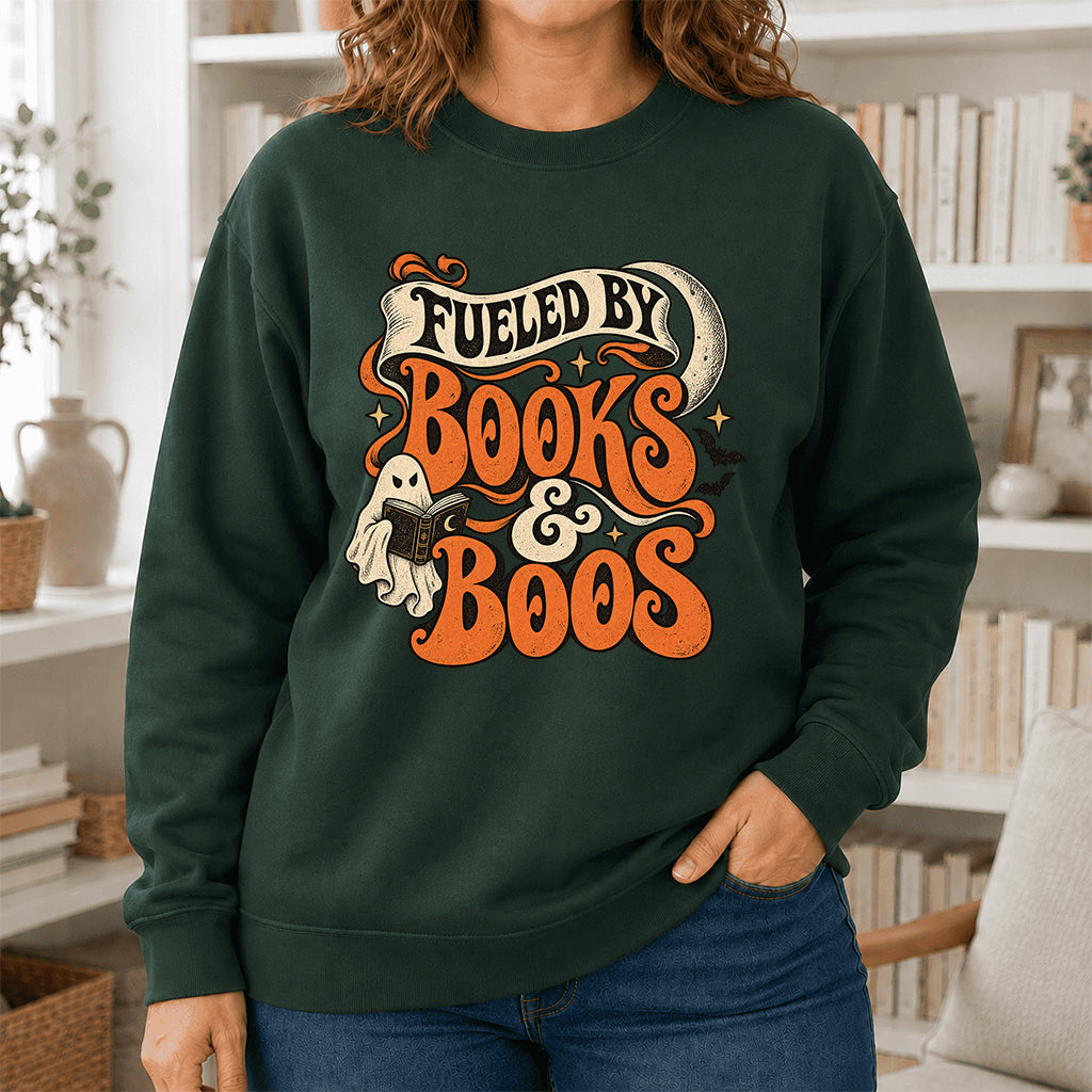 Fueled By Books & Boos Printed Sweatshirt | Halloween Book Lover Gift Forest Green