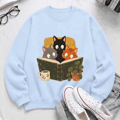 Minimal Japanese Cats Reading Crewneck Sweatshirt | Reader Gift Light Blue