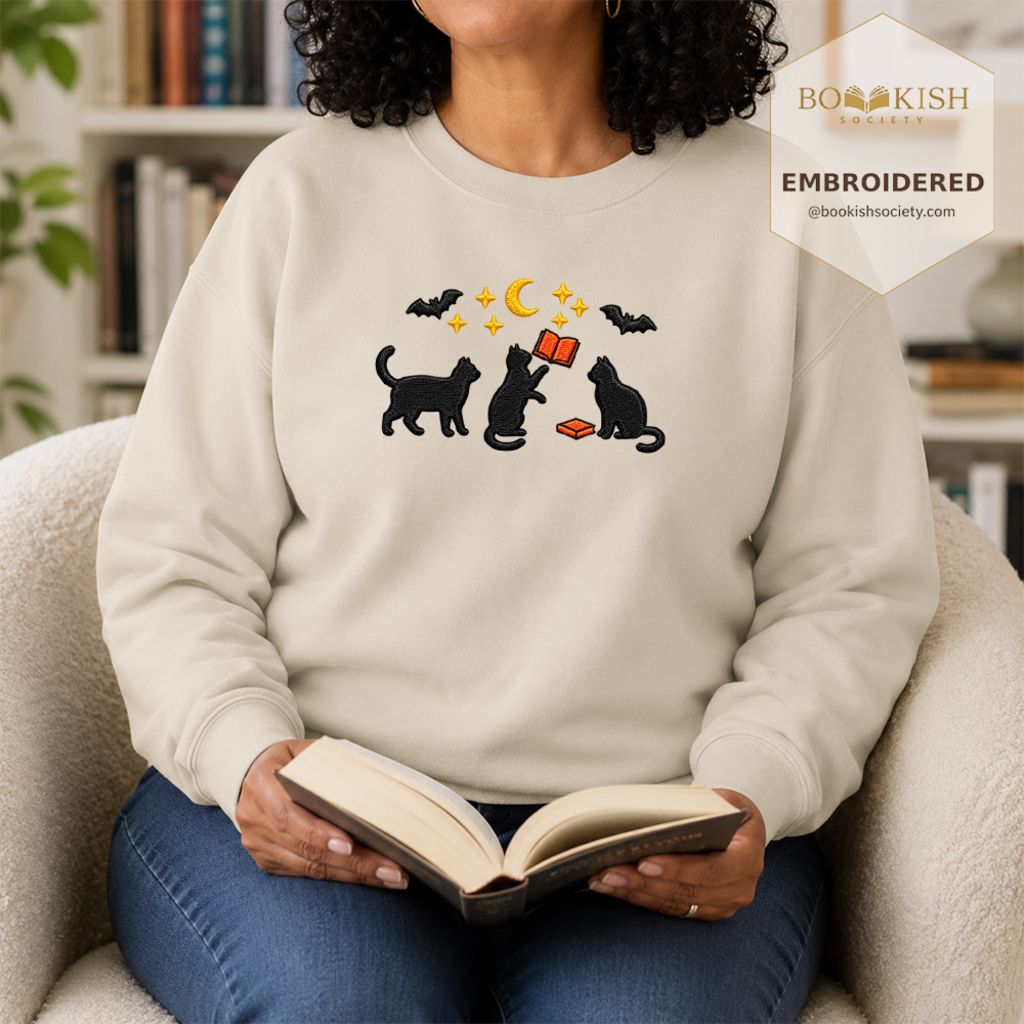 Black Cats With Books Embroidered Sweatshirt | Spooky Reader Gift Sand