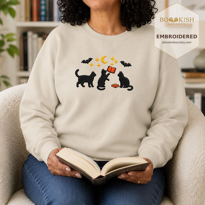 Black Cats With Books Embroidered Sweatshirt | Spooky Reader Gift Sand