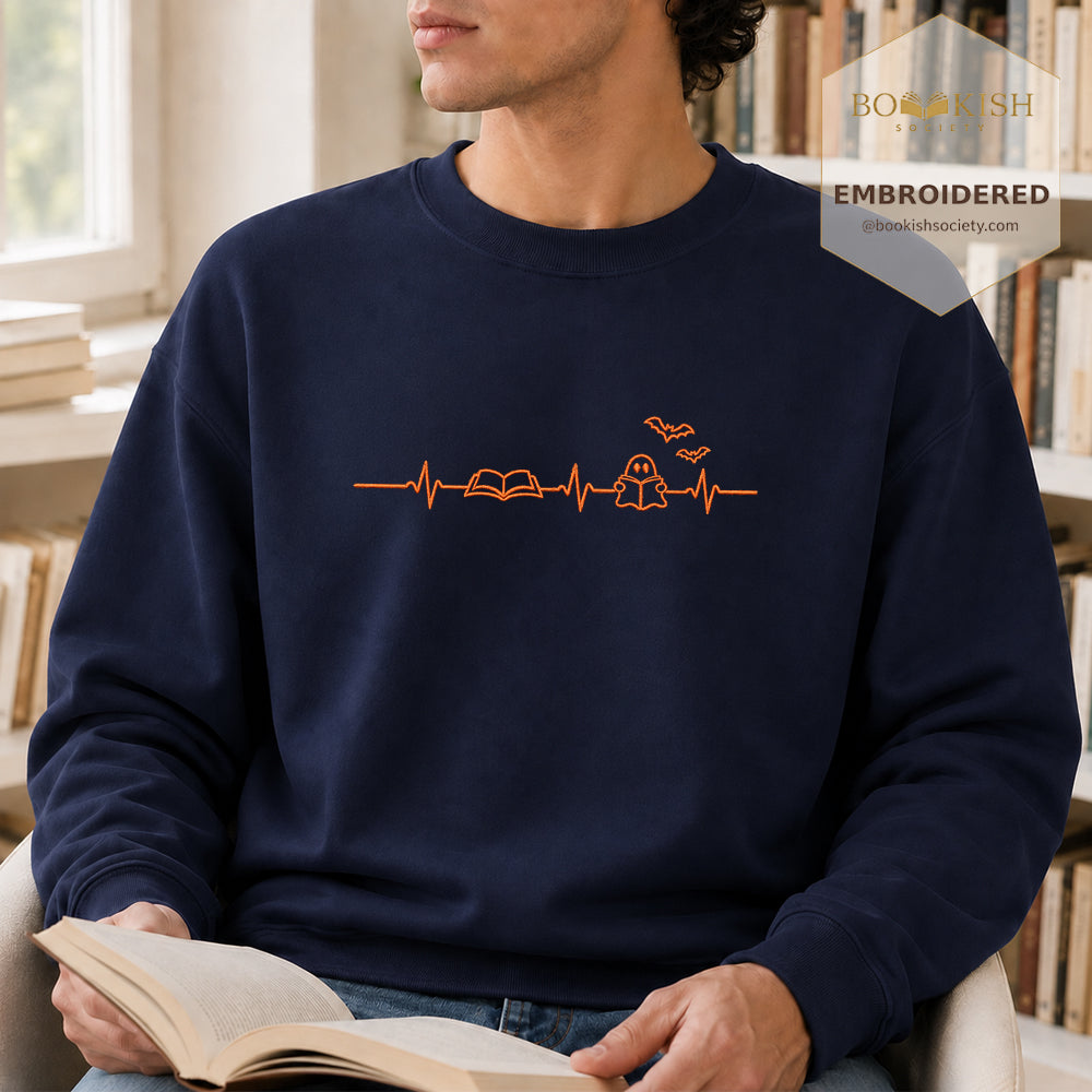 Reading Heartbeat Embroidered Sweatshirt | Spooky Halloween Book Lover Gift Navy