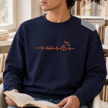 Reading Heartbeat Embroidered Sweatshirt | Spooky Halloween Book Lover Gift Navy