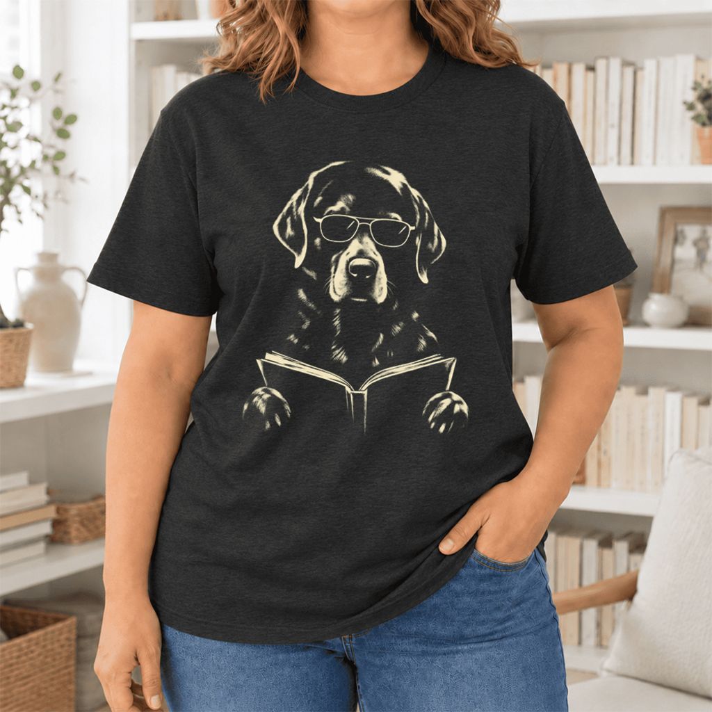Labrador Retriever Reading Book Ultra-Soft Cotton T-Shirt | Dog Mom Reader Gift Black Heather