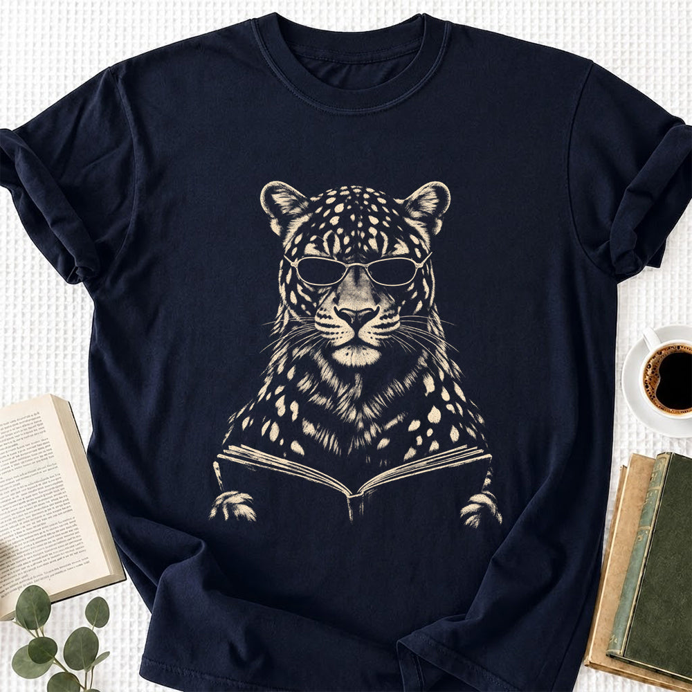 Leopard Reading Book Softstyle T-Shirt | Book Lover Gift Navy