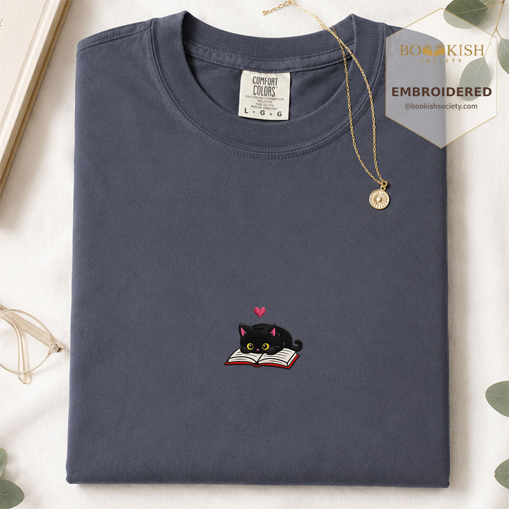 Embroidered Black Cat and Book Comfort Color® T-shirt Book Lover Gift Denim