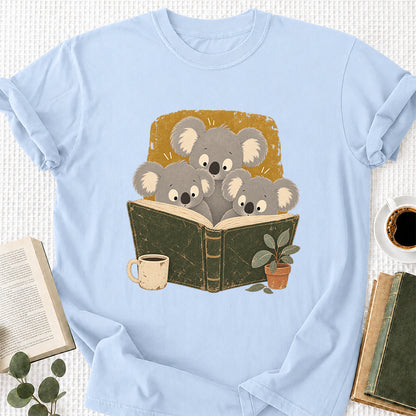 Minimal Japanese Koalas Reading Softstyle T-Shirt | Book Lover Gift Light Blue
