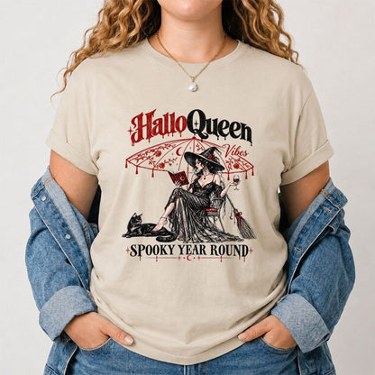 Halloqueen Spooky Year Round Printed T-Shirt | Halloween Book Lover Gift Sand