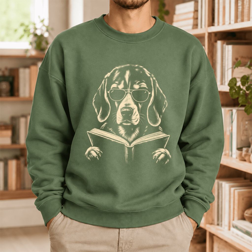 Beagle Reading Book Softstyle Sweatshirt | Dog Mom Reader Gift Military Green