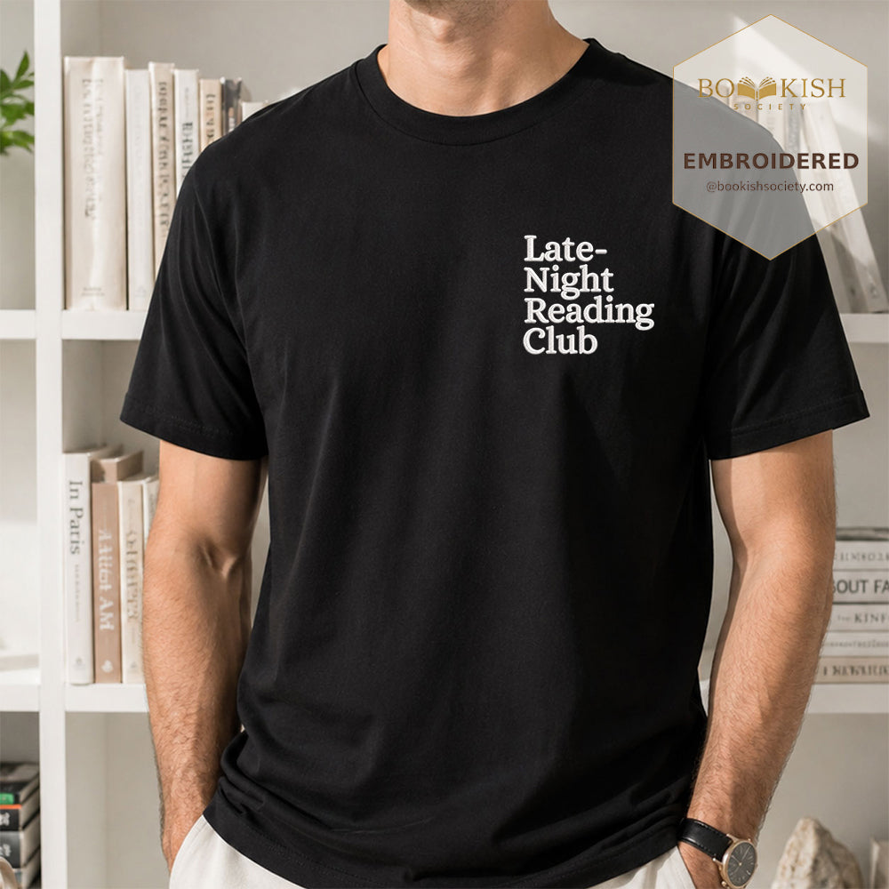 Late Night Reading Club Embroidered Comfort Color® T-shirt | Book Lover Gift Black