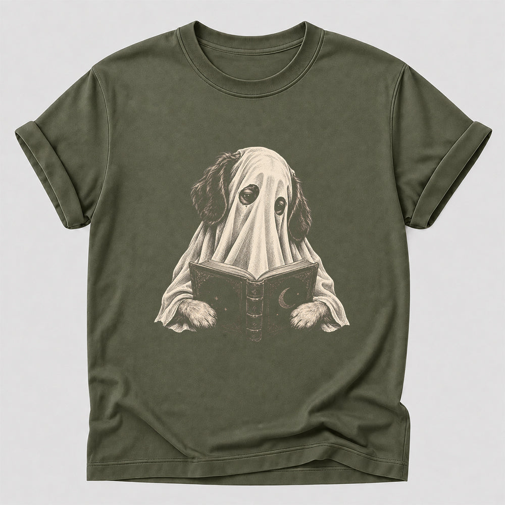 Reading Ghost Dog Printed T-Shirt | Halloween Dog Lover Gift Military Green