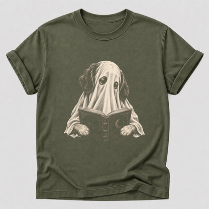 Reading Ghost Dog Printed T-Shirt | Halloween Dog Lover Gift Military Green