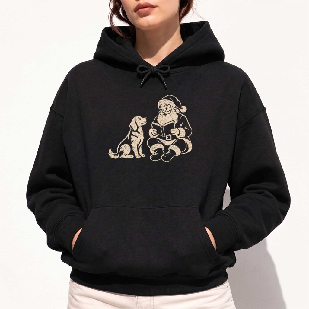 Funny Dog With Santa Christmas Softstyle Hoodie | Christmas Gift For Dog & Book Lover Black