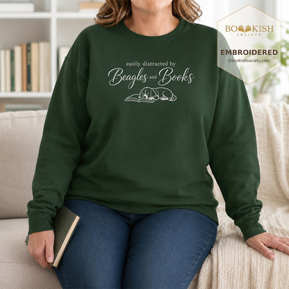 Easily Distracted By Beagles And Books Embroidered Sweatshirt | Dog Lover & Reader Gift Forest Green