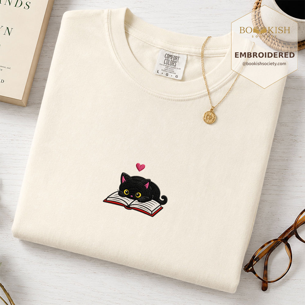 Embroidered Black Cat and Book Comfort Color® T-shirt Book Lover Gift Ivory