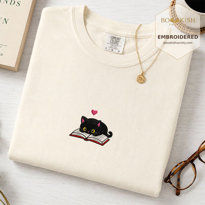 Embroidered Black Cat and Book Comfort Color® T-shirt Book Lover Gift Ivory