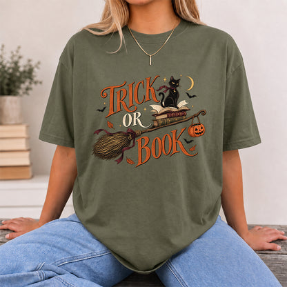 Trick Or Book Black Cat Printed T-Shirt | Halloween Book Lover Gift Military Green