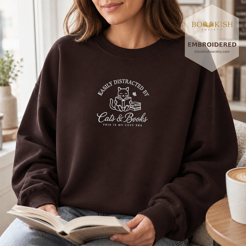 Easily Distracted By Cats And Books V2 Embroidered Sweatshirt | Reader Gift Dark Chocolate