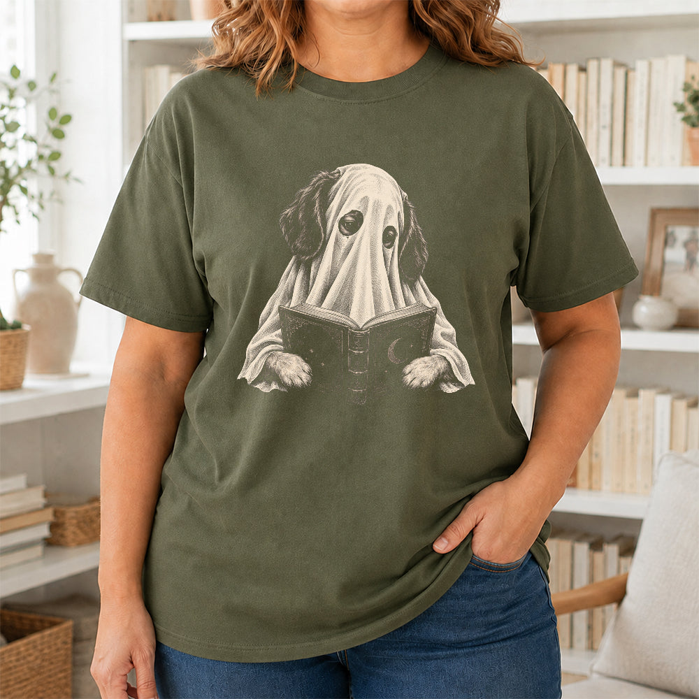 Reading Ghost Dog Printed T-Shirt | Halloween Dog Lover Gift Military Green