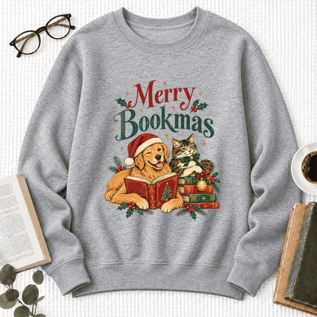 Merry Bookmas Softstyle Sweatshirt | Christmas Book Lover Gift Sport Grey