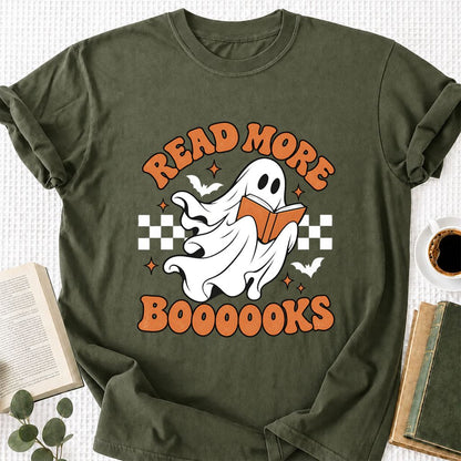 Read More Books Flying Ghost Printed T-Shirt | Halloween Book Lover Gift Military Green