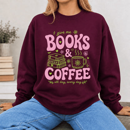 Books and Coffee Crewneck Sweatshirt | Reader Gift Maroon