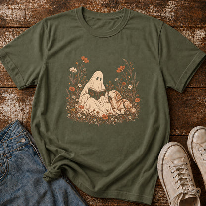 Ghost Wildflowers With Book And Golden Retriever Printed T-Shirt | Halloween Dog Lover Gift Military Green