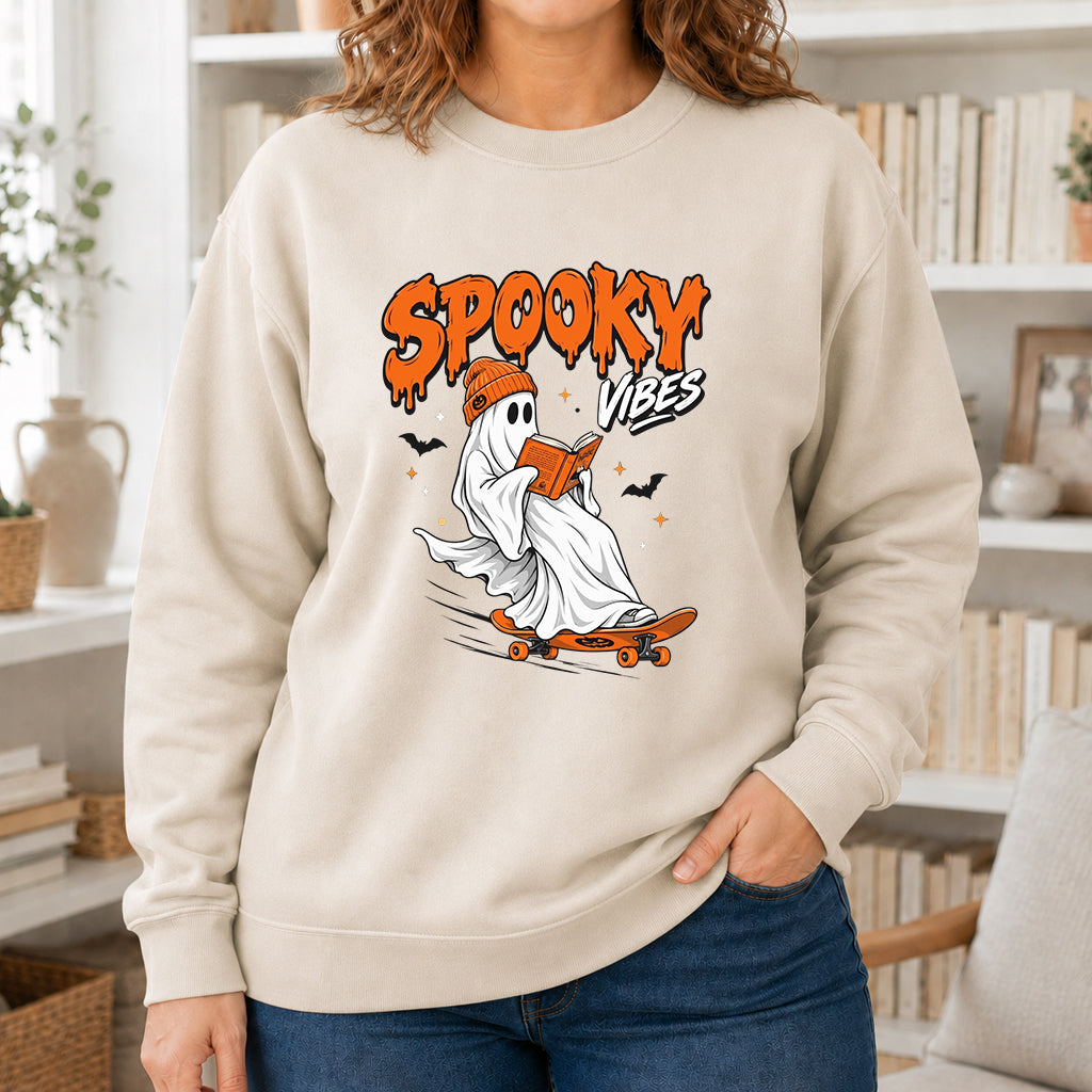 Spooky Vibes Printed Sweatshirt | Halloween Reader Gift Sand