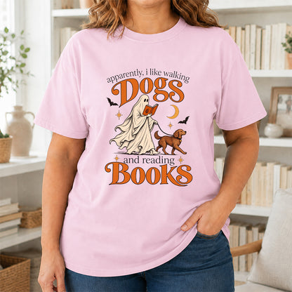 Apparently I Like Walking Dogs And Reading Books Printed T-Shirt | Halloween Dog Lover Reader Gift Light Pink