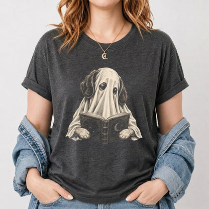 Reading Ghost Dog Printed T-Shirt | Halloween Dog Lover Gift Dark Heather