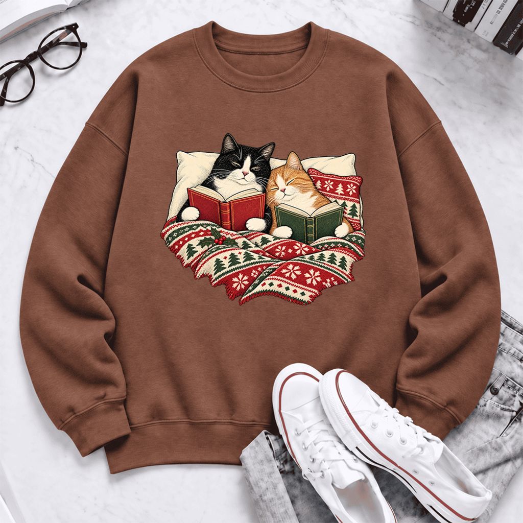 Christmas Reading Cat Couple Softstyle Sweatshirt | Cozy Christmas Gift Cocoa