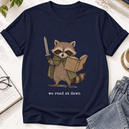 We Read At Dawn Funny Racoon Ultra-Soft V-Neck | Cozy Book Lover Gift Navy