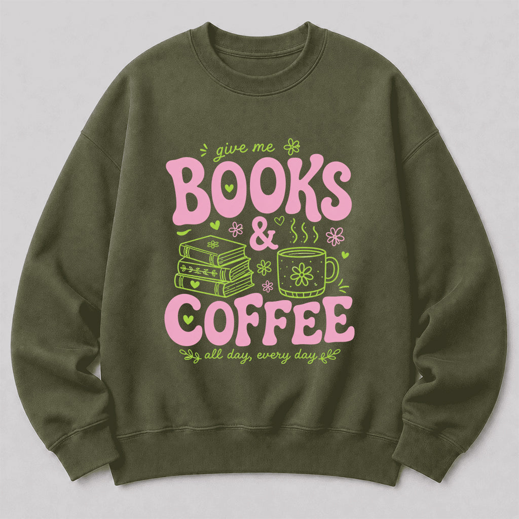Books and Coffee Crewneck Sweatshirt | Reader Gift Military Green