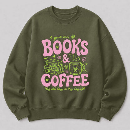 Books and Coffee Crewneck Sweatshirt | Reader Gift Military Green
