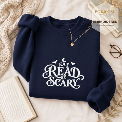 Eat Read Be Scary Embroidered Sweatshirt | Halloween Book Lover Gift Navy