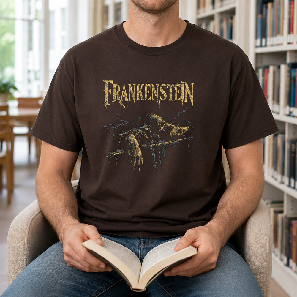 Frankenstein Printed T-Shirt | Halloween Book Lover Gift Dark Chocolate