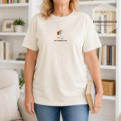 Too Booked To Care Embroidered Comfort Color® T-shirt | Book Lover Gift Ivory