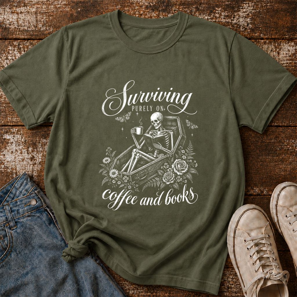Surviving Purely On Coffee And Books Printed T-Shirt | Halloween Book Lover Gift Military Green
